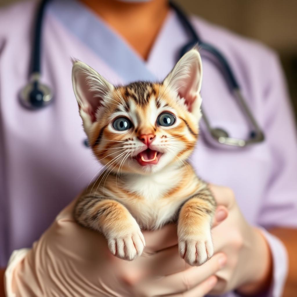Filhote de gato sendo cuidado
